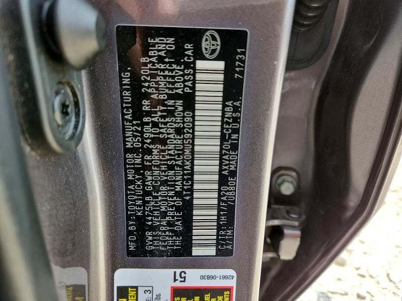 Aukcja sprzedaży 2021 Toyota Camry, vin: 4T1C11AK0MU592090, numer aukcji: 56457536