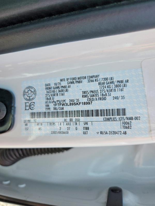 Aukcja sprzedaży 2025 Ford F150, vin: 1FTFW3L89SKF18997, numer aukcji: 55732286