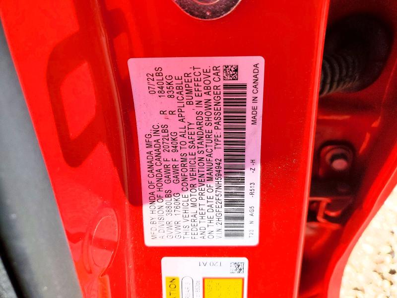 Продаж на аукціоні авто 2022 Honda Civic, vin: 2HGFE2F57NH594942, номер лоту: 55778526