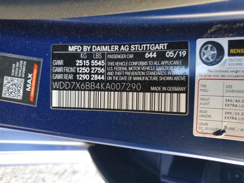 56171946 :رقم المزاد ، WDD7X6BB4KA007290 vin ، 2019 Mercedes-benz Amg Gt مزاد بيع