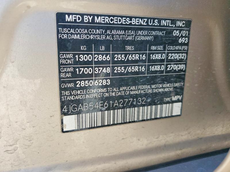 57425786 :رقم المزاد ، 4JGAB54E61A277132 vin ، 2001 Mercedes-benz Ml مزاد بيع