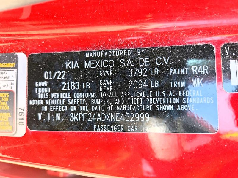 Aukcja sprzedaży 2022 Kia Forte, vin: 3KPF24ADXNE452999, numer aukcji: 57898856