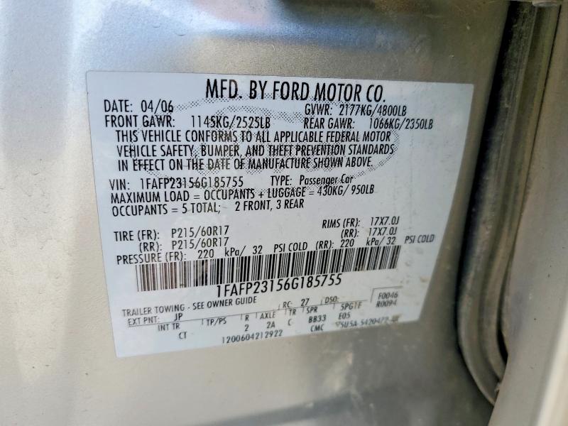 2006 Ford Five Hundred მანქანა იყიდება აუქციონზე, vin: 1FAFP23156G185755, აუქციონის ნომერი: 56869446