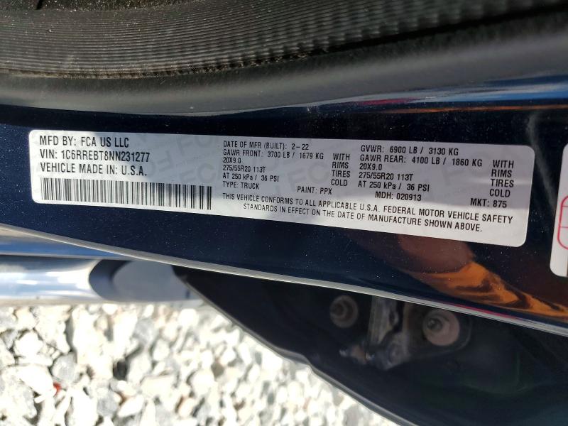 57208386 :رقم المزاد ، 1C6RREBT8NN231277 vin ، 2022 Ram 1500 مزاد بيع