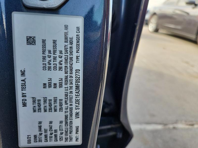 Продажа на аукционе авто 2021 Tesla Model 3, vin: 5YJ3E1EA3MF052770, номер лота: 59070076
