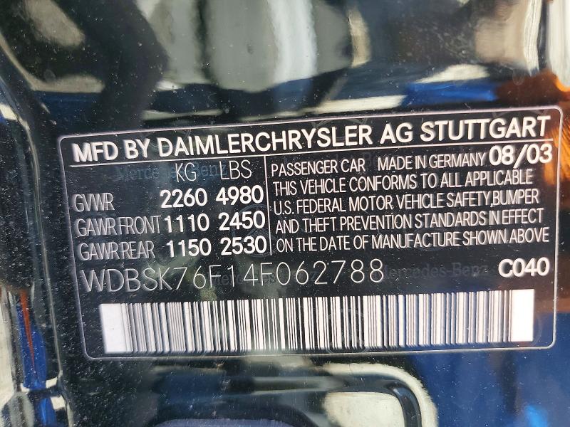 Aukcja sprzedaży 2004 Mercedes-benz Sl, vin: WDBSK76F14F062788, numer aukcji: 55871126