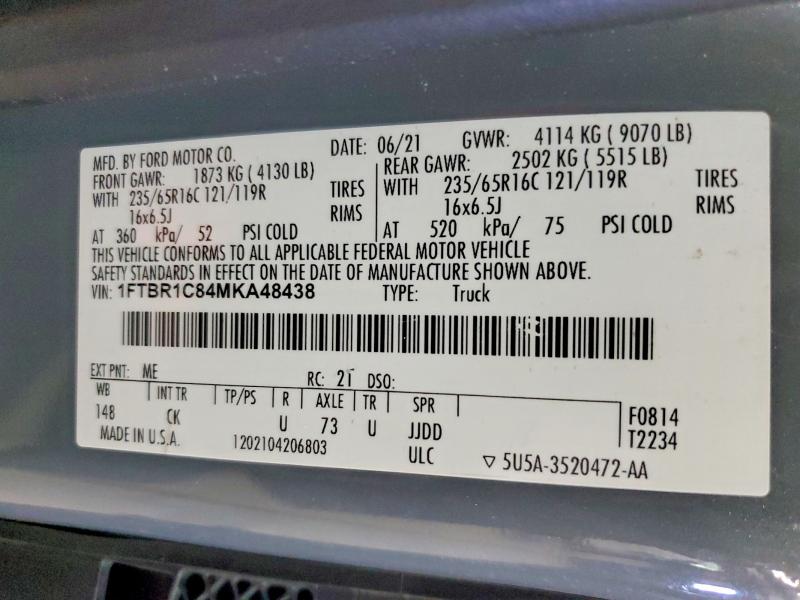 56871996 :رقم المزاد ، 1FTBR1C84MKA48438 vin ، 2021 Ford Transit مزاد بيع