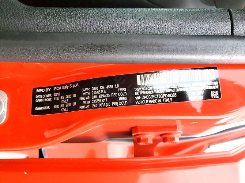 2016 Jeep Renegade მანქანა იყიდება აუქციონზე, vin: ZACCJBCT8GPD48385, აუქციონის ნომერი: 58146486