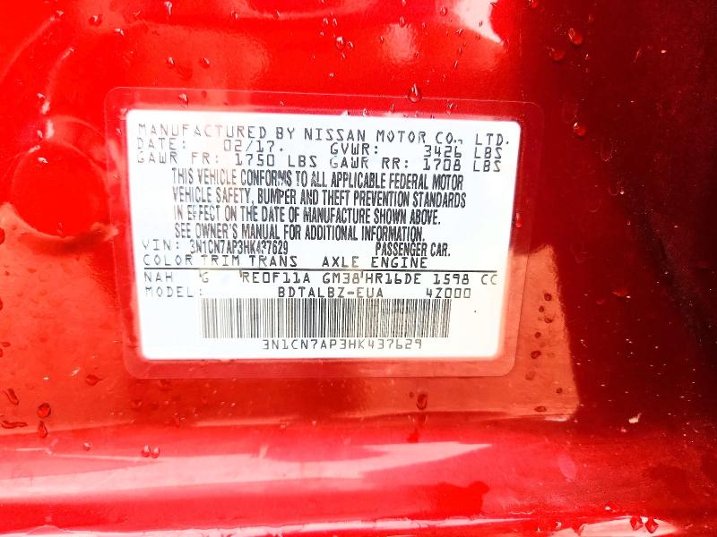 Продаж на аукціоні авто 2017 Nissan Versa, vin: 3N1CN7AP3HK437629, номер лоту: 56331036