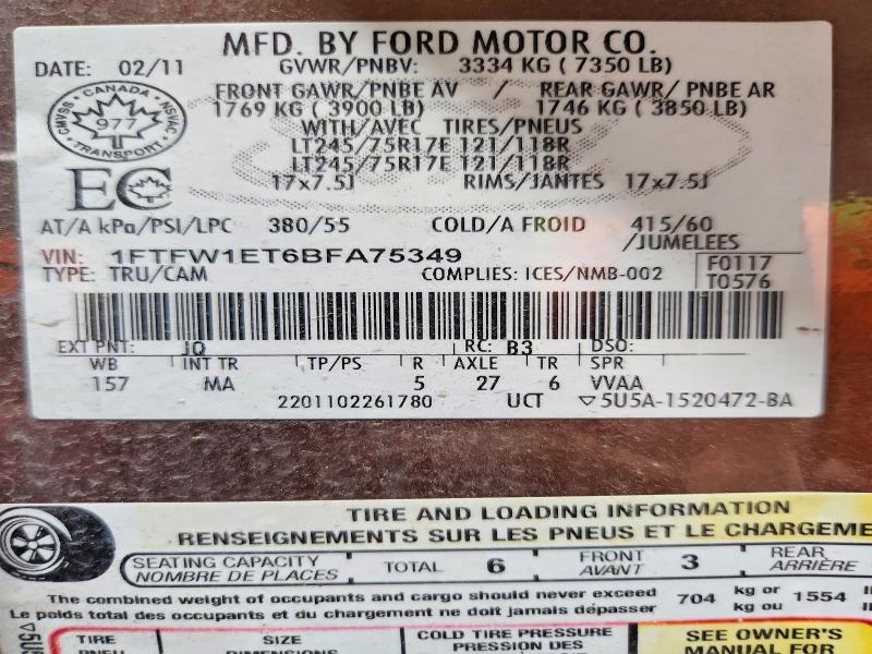 57776596 :رقم المزاد ، 1FTFW1ET6BFA75349 vin ، 2011 Ford F150 مزاد بيع
