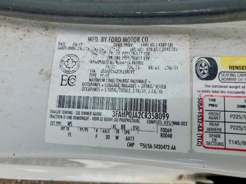 Aukcja sprzedaży 2012 Ford Fusion, vin: 3FAHP0JA2CR358099, numer aukcji: 58801766