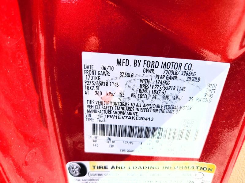 58454296 :رقم المزاد ، 1FTFW1EV7AKE20413 vin ، 2010 Ford F150 مزاد بيع