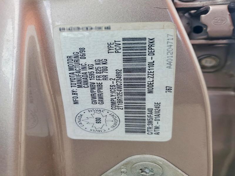 Продаж на аукціоні авто 1998 Toyota Corolla, vin: 2T1BR12E4WC734992, номер лоту: 59100826