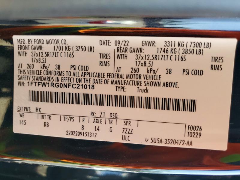 2022 Ford F150 მანქანა იყიდება აუქციონზე, vin: 1FTFW1RG0NFC21018, აუქციონის ნომერი: 58063186