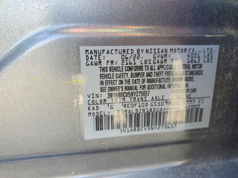 2022 Nissan Sentra მანქანა იყიდება აუქციონზე, vin: 3N1AB8CV5NY275657, აუქციონის ნომერი: 55353916