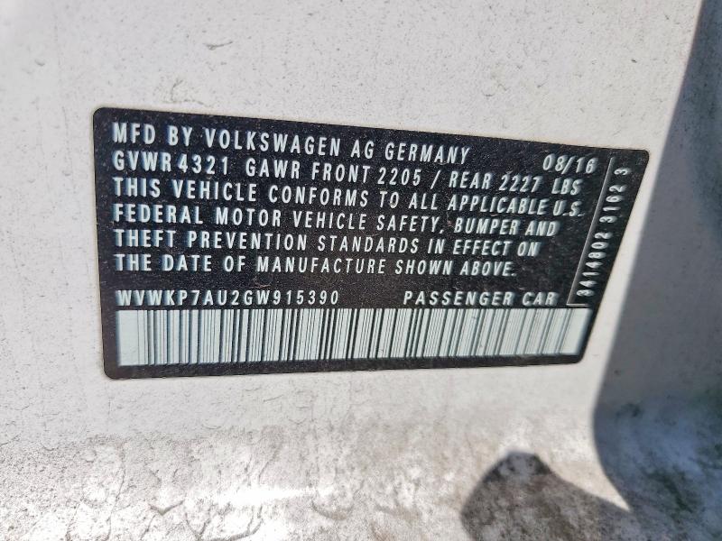 58638756 :رقم المزاد ، WVWKP7AU2GW915390 vin ، 2016 Volkswagen E-golf مزاد بيع