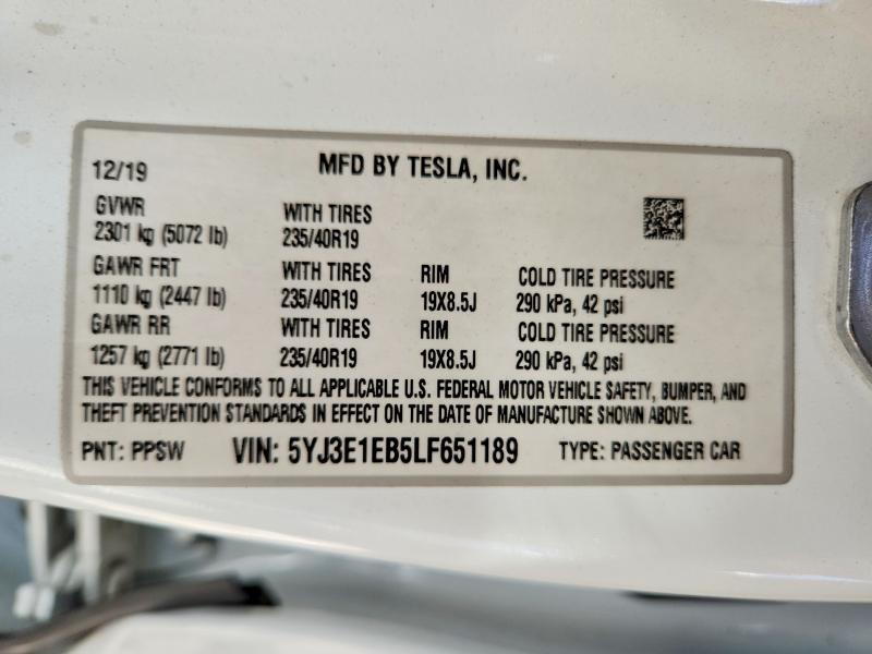 58314706 :رقم المزاد ، 5YJ3E1EB5LF651189 vin ، 2020 Tesla Model 3 مزاد بيع