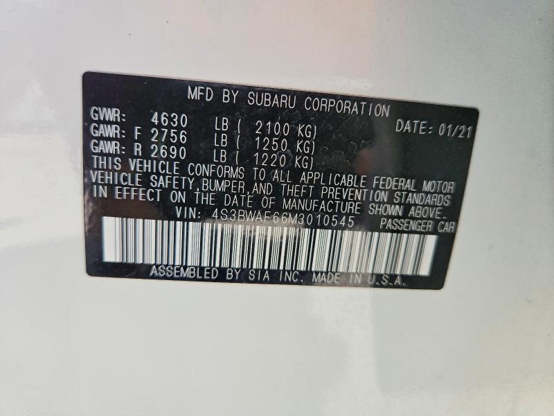 2021 Subaru Legacy მანქანა იყიდება აუქციონზე, vin: 4S3BWAF66M3010545, აუქციონის ნომერი: 55545496