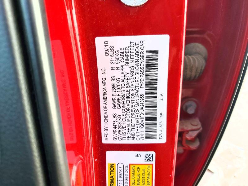 Aukcja sprzedaży 2018 Honda Accord, vin: 1HGCV1F31JA248955, numer aukcji: 56300076