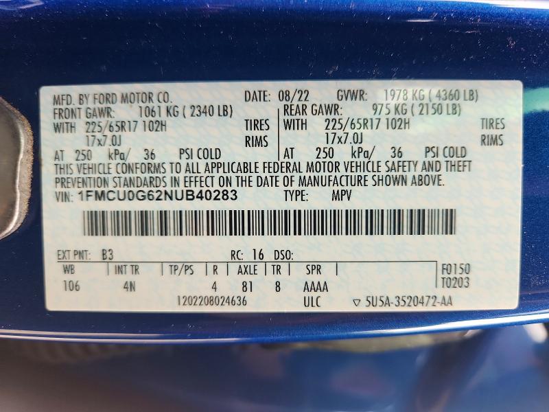 Продаж на аукціоні авто 2022 Ford Escape, vin: 1FMCU0G62NUB40283, номер лоту: 58928036