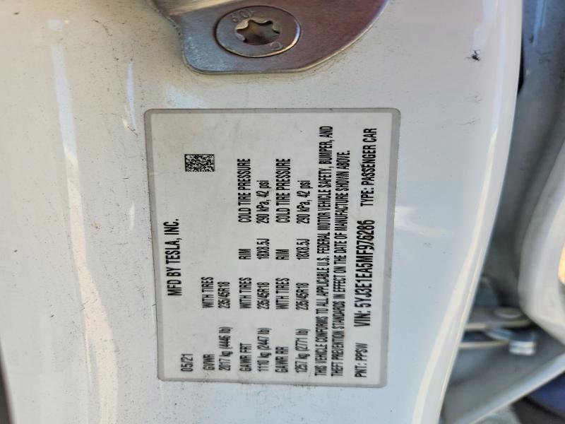 57075236 :رقم المزاد ، 5YJ3E1EA5MF976286 vin ، 2021 Tesla Model 3 مزاد بيع