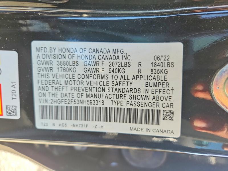 2022 Honda Civic მანქანა იყიდება აუქციონზე, vin: 2HGFE2F53NH593318, აუქციონის ნომერი: 55945176
