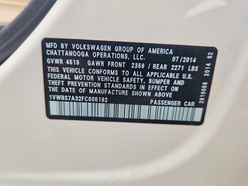 2015 Volkswagen Passat მანქანა იყიდება აუქციონზე, vin: 1VWBS7A32FC005192, აუქციონის ნომერი: 58453616