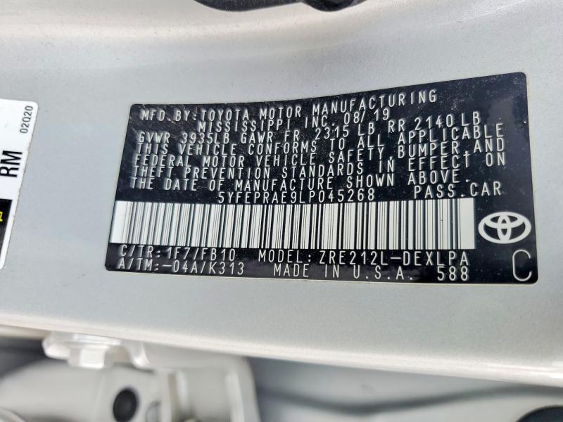 Продаж на аукціоні авто 2020 Toyota Corolla, vin: 5YFEPRAE9LP045268, номер лоту: 59070486