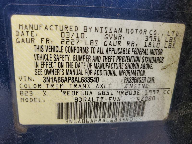 2010 Nissan Sentra მანქანა იყიდება აუქციონზე, vin: 3N1AB6AP8AL683540, აუქციონის ნომერი: 58010386