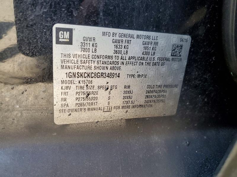 Aukcja sprzedaży 2016 Chevrolet Tahoe, vin: 1GNSKCKC8GR348914, numer aukcji: 56178656