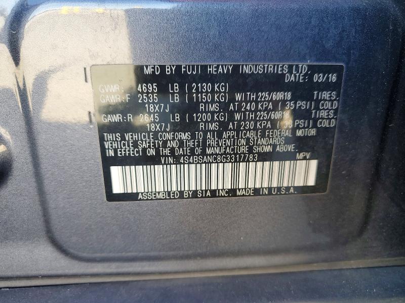 2016 Subaru Outback მანქანა იყიდება აუქციონზე, vin: 4S4BSANC8G3317783, აუქციონის ნომერი: 56677976