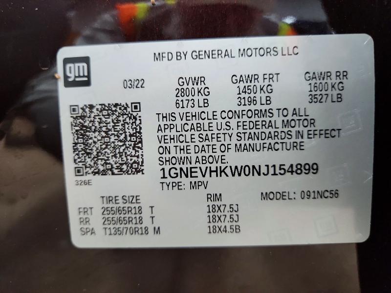 58078026 :رقم المزاد ، 1GNEVHKW0NJ154899 vin ، 2022 Chevrolet Traverse مزاد بيع
