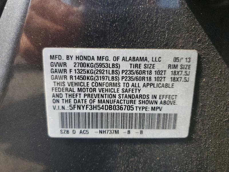 59228436 :رقم المزاد ، 5FNYF3H54DB036705 vin ، 2013 Honda Pilot مزاد بيع