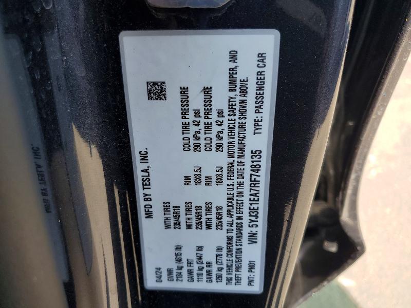 59007286 :رقم المزاد ، 5YJ3E1EA7RF748135 vin ، 2024 Tesla Model 3 مزاد بيع