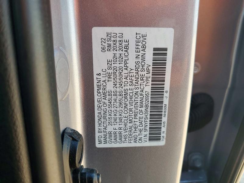 Aukcja sprzedaży 2022 Honda Pilot, vin: 5FNYF5H39NB026957, numer aukcji: 57124786