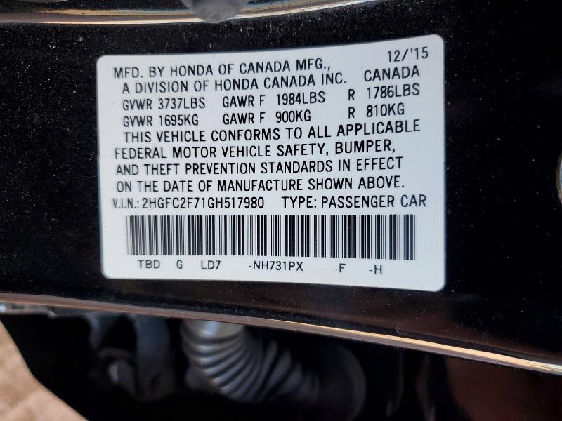58276306 :رقم المزاد ، 2HGFC2F71GH517980 vin ، 2016 Honda Civic مزاد بيع
