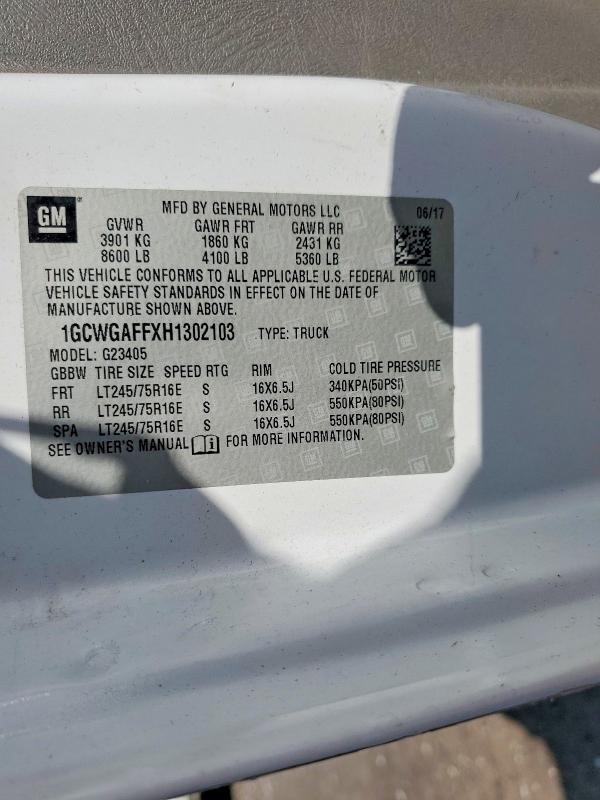 2017 Chevrolet Express 2500 მანქანა იყიდება აუქციონზე, vin: 1GCWGAFFXH1302103, აუქციონის ნომერი: 57869916