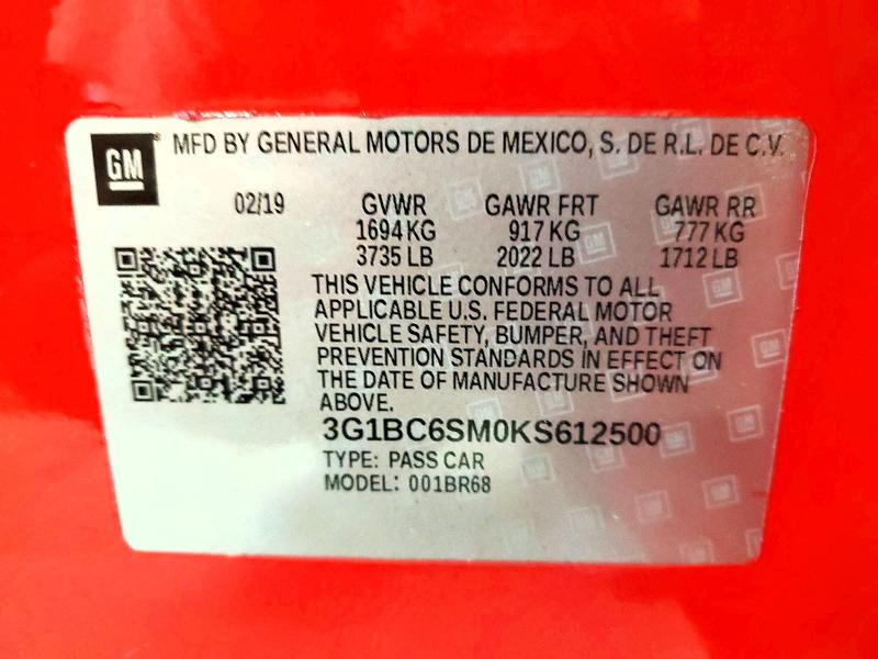 Aukcja sprzedaży 2019 Chevrolet Cruze, vin: 3G1BC6SM0KS612500, numer aukcji: 58050416