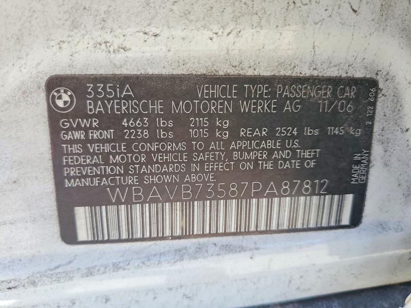 2007 Bmw 335 მანქანა იყიდება აუქციონზე, vin: WBAVB73587PA87812, აუქციონის ნომერი: 57098036