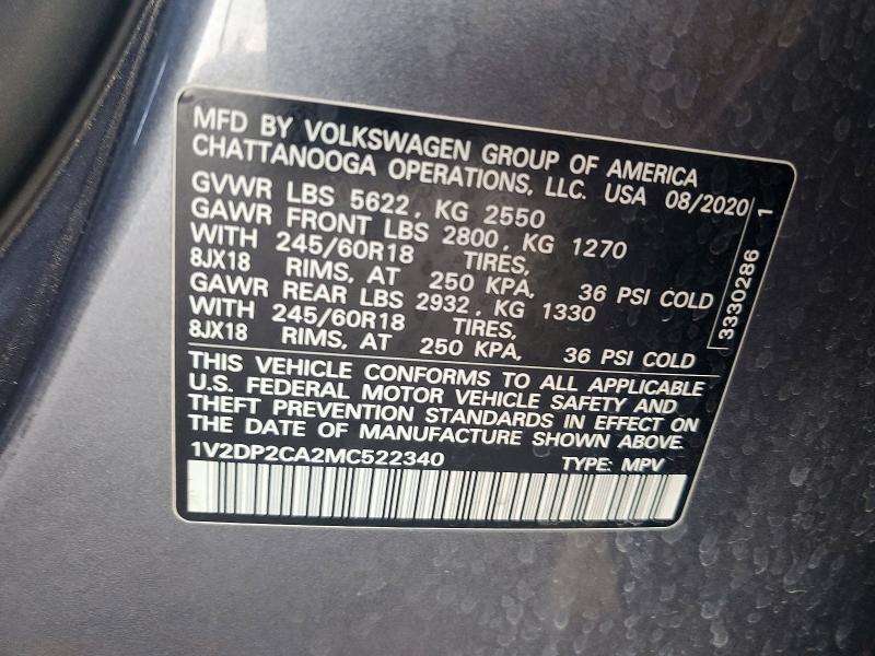 59004326 :رقم المزاد ، 1V2DP2CA2MC522340 vin ، 2021 Volkswagen Atlas مزاد بيع