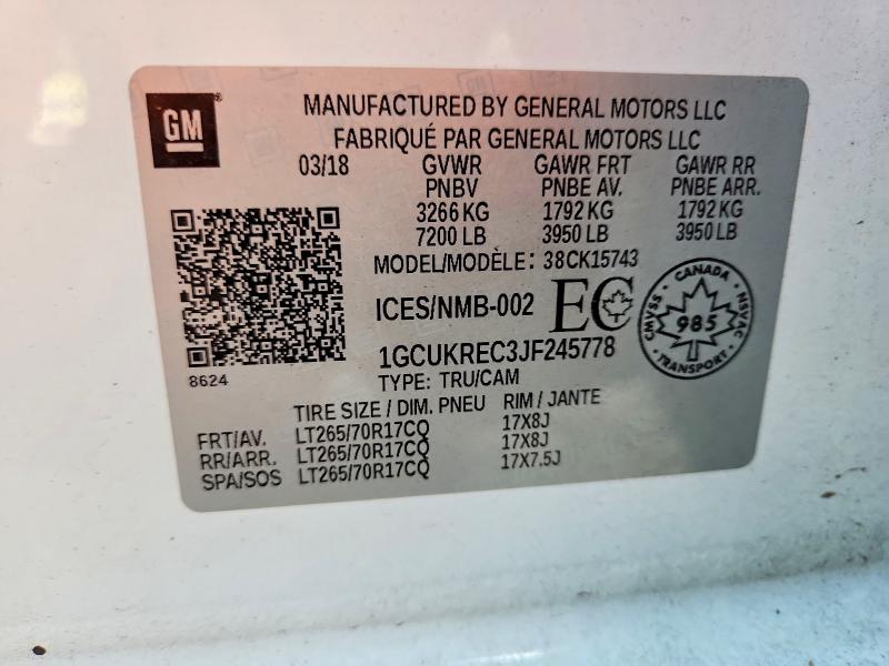 Aukcja sprzedaży 2018 Chevrolet Silverado, vin: 1GCUKREC3JF245778, numer aukcji: 58308186