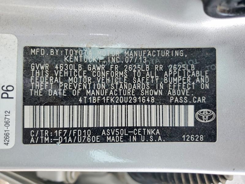 2013 Toyota Camry მანქანა იყიდება აუქციონზე, vin: 4T1BF1FK2DU291648, აუქციონის ნომერი: 57297236