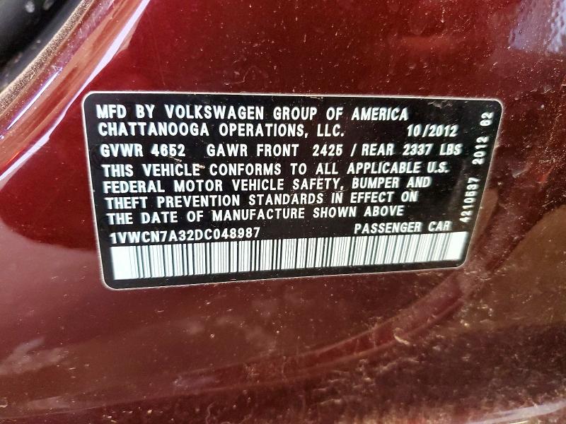 Aukcja sprzedaży 2013 Volkswagen Passat, vin: 1VWCN7A32DC048987, numer aukcji: 59295166