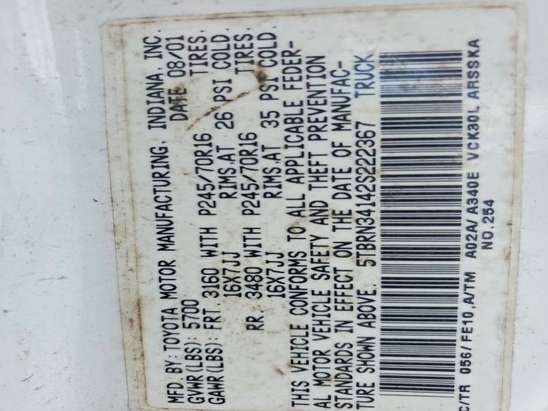 58541746 :رقم المزاد ، 5TBRN34142S222367 vin ، 2002 Toyota Tundra مزاد بيع