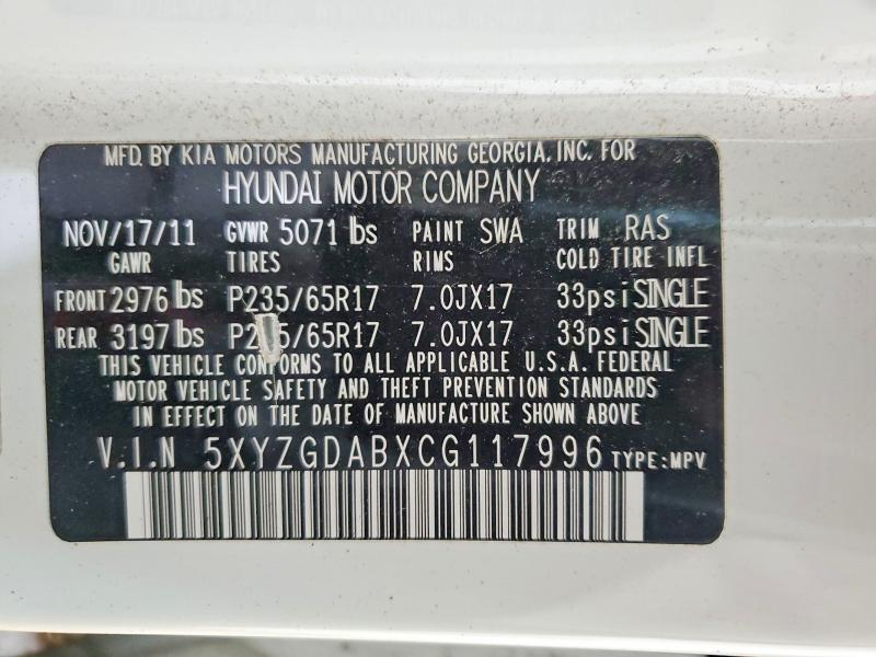 Продаж на аукціоні авто 2012 Hyundai Santa Fe, vin: 5XYZGDABXCG117996, номер лоту: 57024496