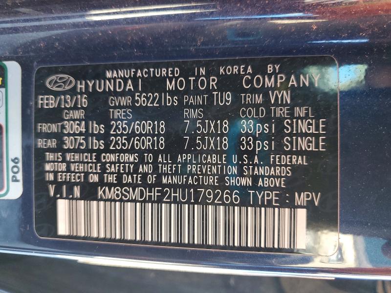 Aukcja sprzedaży 2017 Hyundai Santa Fe, vin: KM8SMDHF2HU179266, numer aukcji: 57937806