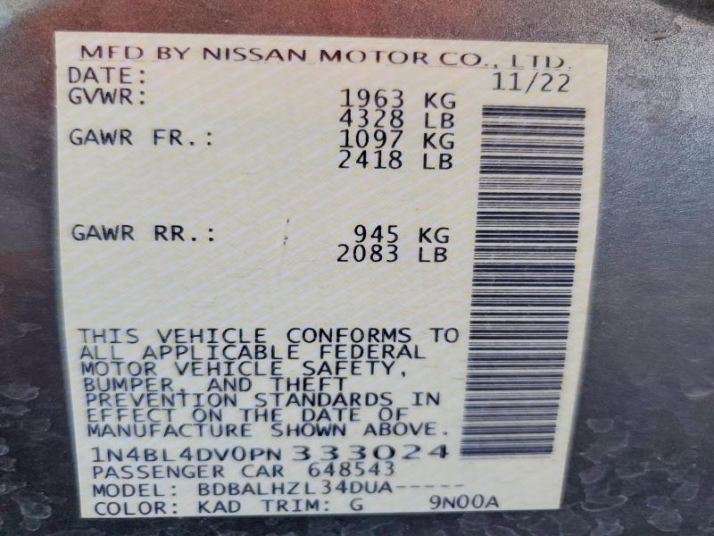 2023 Nissan Altima მანქანა იყიდება აუქციონზე, vin: 1N4BL4DV0PN333024, აუქციონის ნომერი: 57558046