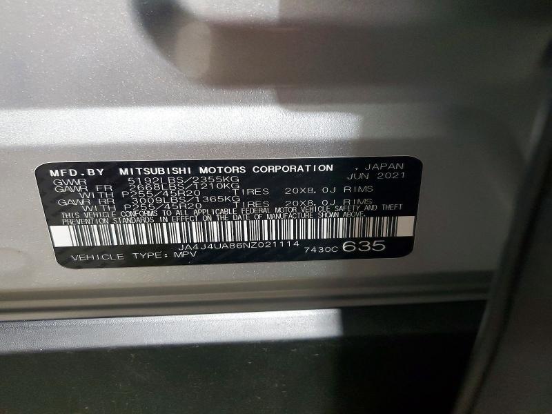 2022 Mitsubishi Outlander მანქანა იყიდება აუქციონზე, vin: JA4J4UA86NZ021114, აუქციონის ნომერი: 58045516