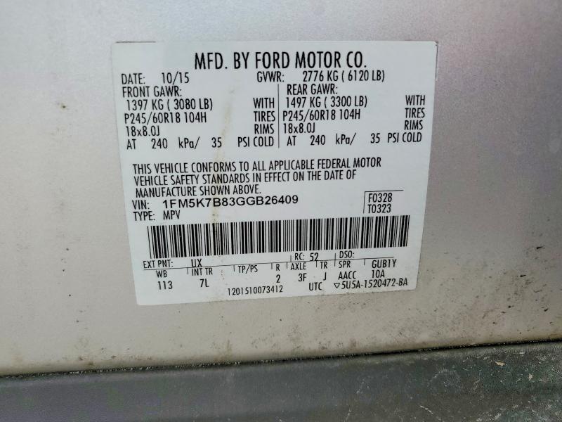 57523466 :رقم المزاد ، 1FM5K7B83GGB26409 vin ، 2016 Ford Explorer مزاد بيع