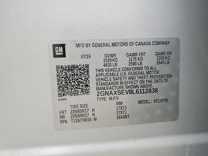 Продажа на аукционе авто 2020 Chevrolet Equinox, vin: 2GNAXSEV8L6112838, номер лота: 55375346